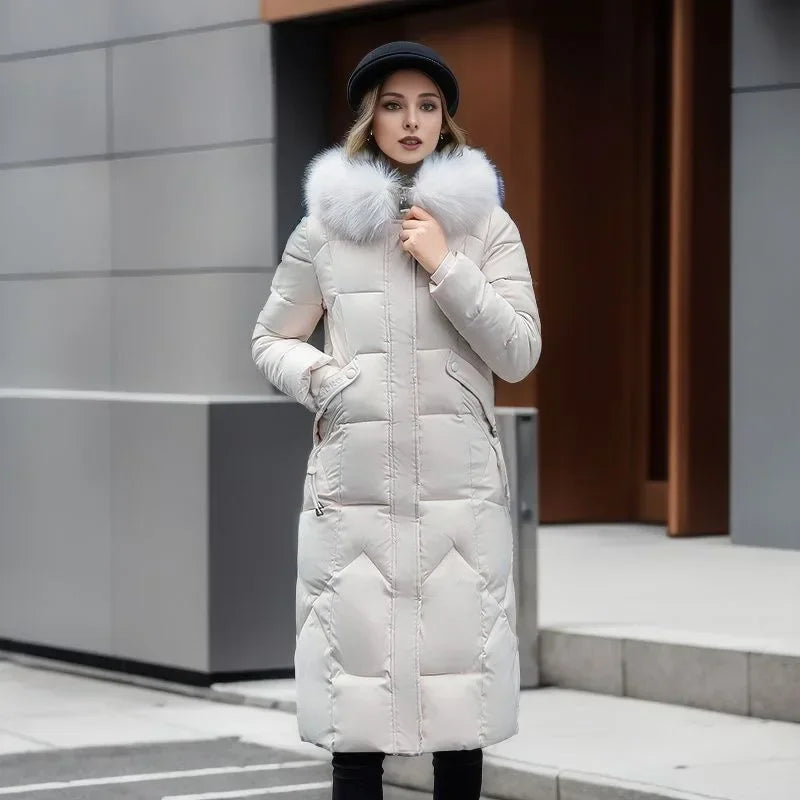 Quilted hooded parka with faux fur collar for women