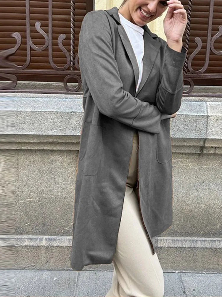 Open front mid-length suede windproof coat for women