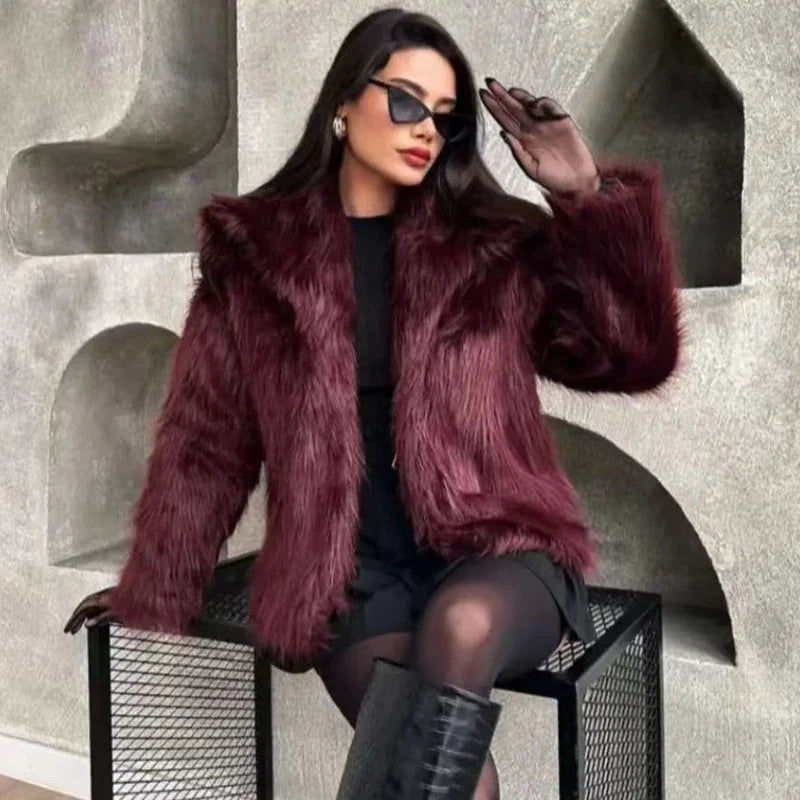Women’s Plush Faux Fur Crop Jacket - Long Sleeve Stylish Coat