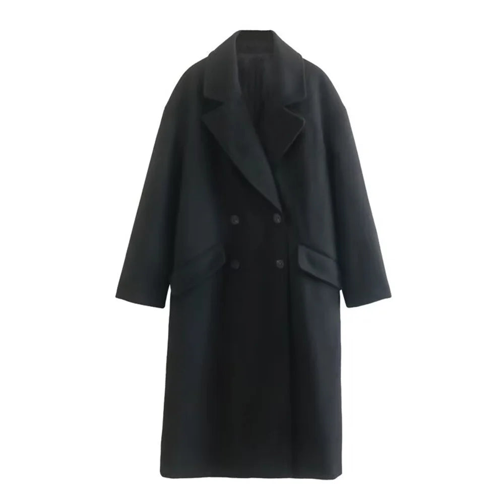 Women's Long Woollen Coat with Flip Collar and Button Closure