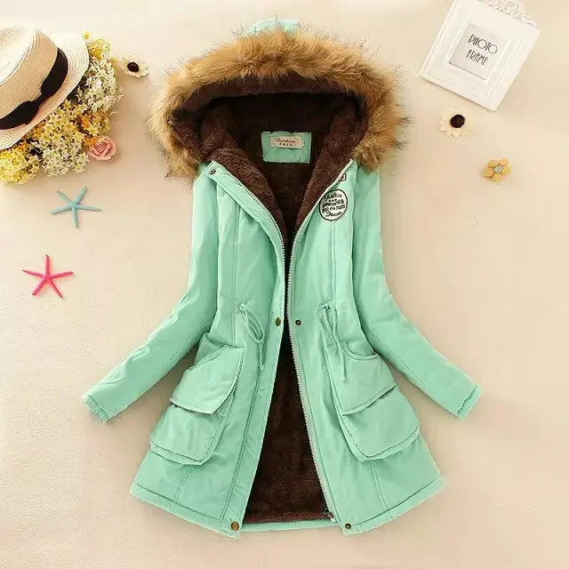 Women's Cotton Padded Hooded Parka Jacket with Embroidery - Various Colors