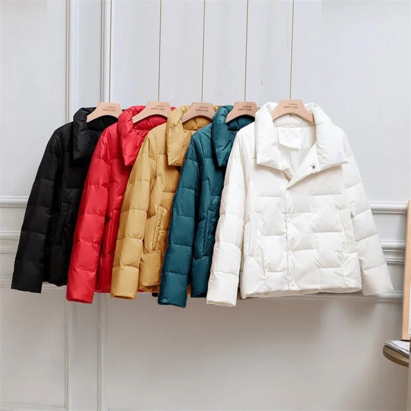 Women's Puffer Jacket - Quilted Insulation - Wide Collar - Snap Button Closure