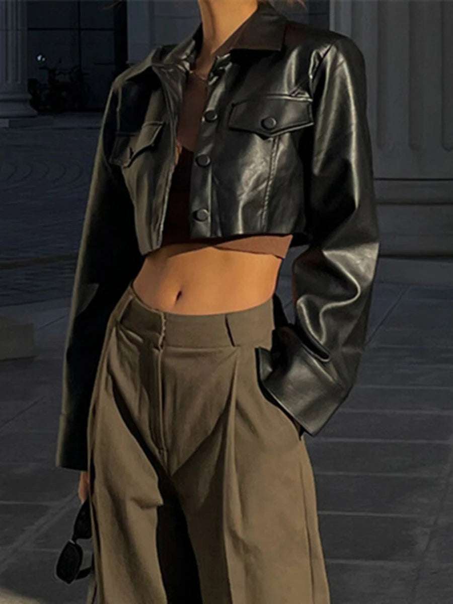 Women's Black Casual Crop Faux Leather Jacket with Long Sleeves and Button Closure