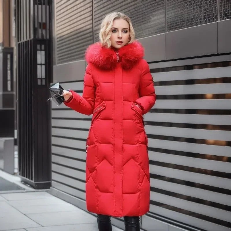 Faux fur collar quilted long winter jacket for women
