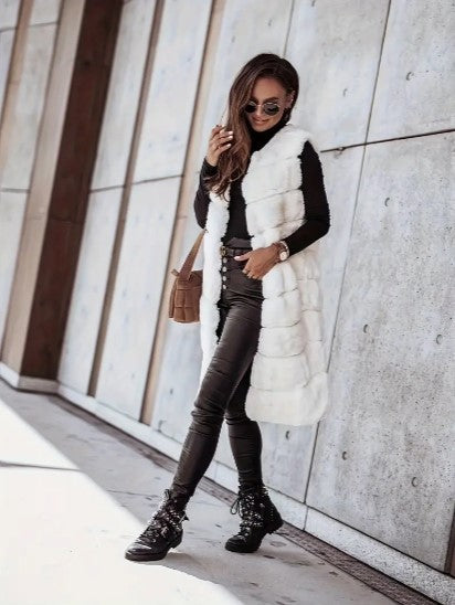 Women's Faux Fur Vest - Long Sleeveless - Open Front Lightweight Layer