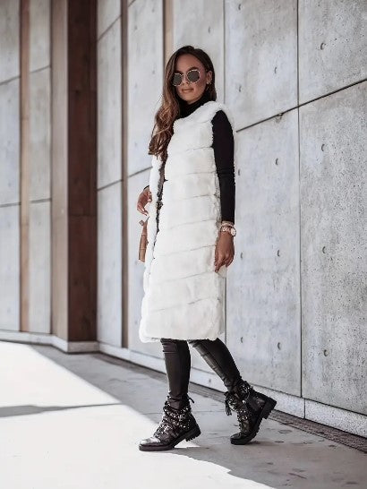 Women's Faux Fur Vest - Long Sleeveless - Open Front Lightweight Layer