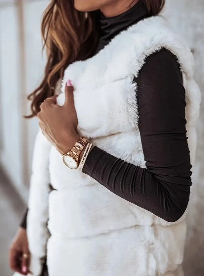 Women's Faux Fur Vest - Long Sleeveless - Open Front Lightweight Layer