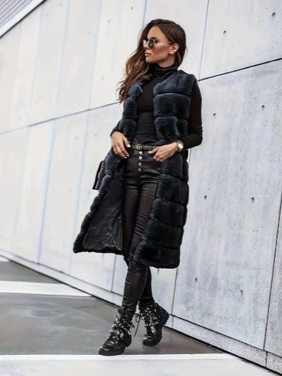 Women's Faux Fur Vest - Long Sleeveless - Open Front Lightweight Layer