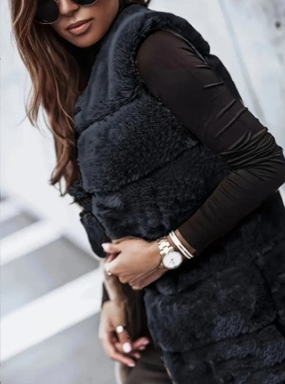 Women's Faux Fur Vest - Long Sleeveless - Open Front Lightweight Layer