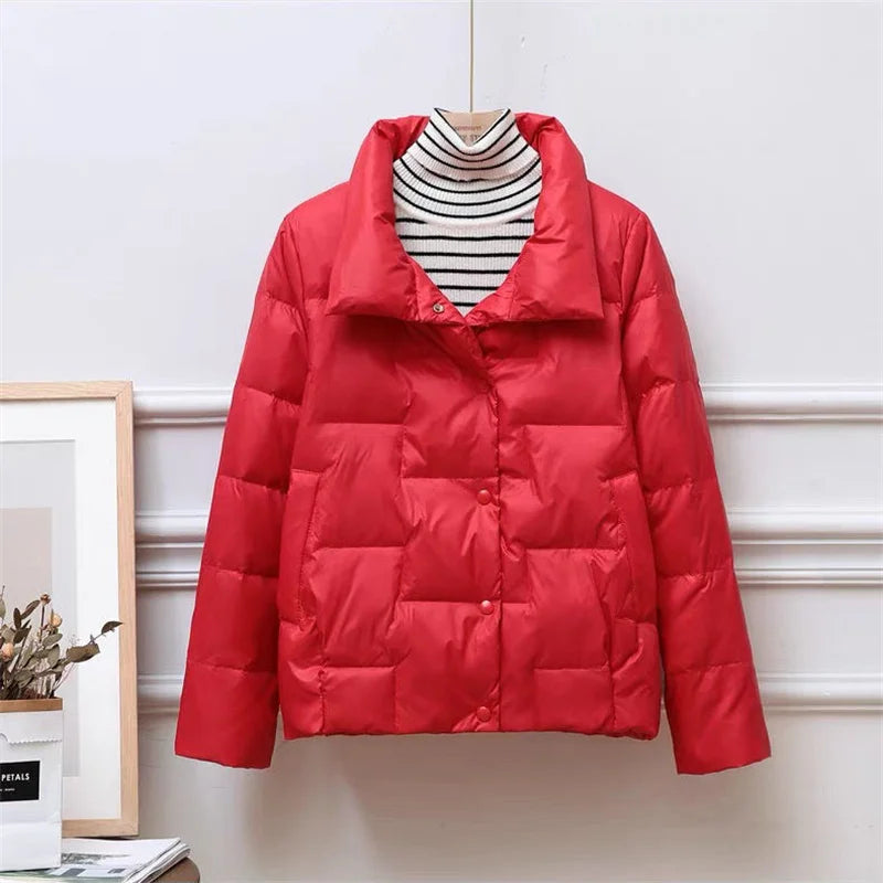 Women's Puffer Jacket - Quilted Insulation - Wide Collar - Snap Button Closure