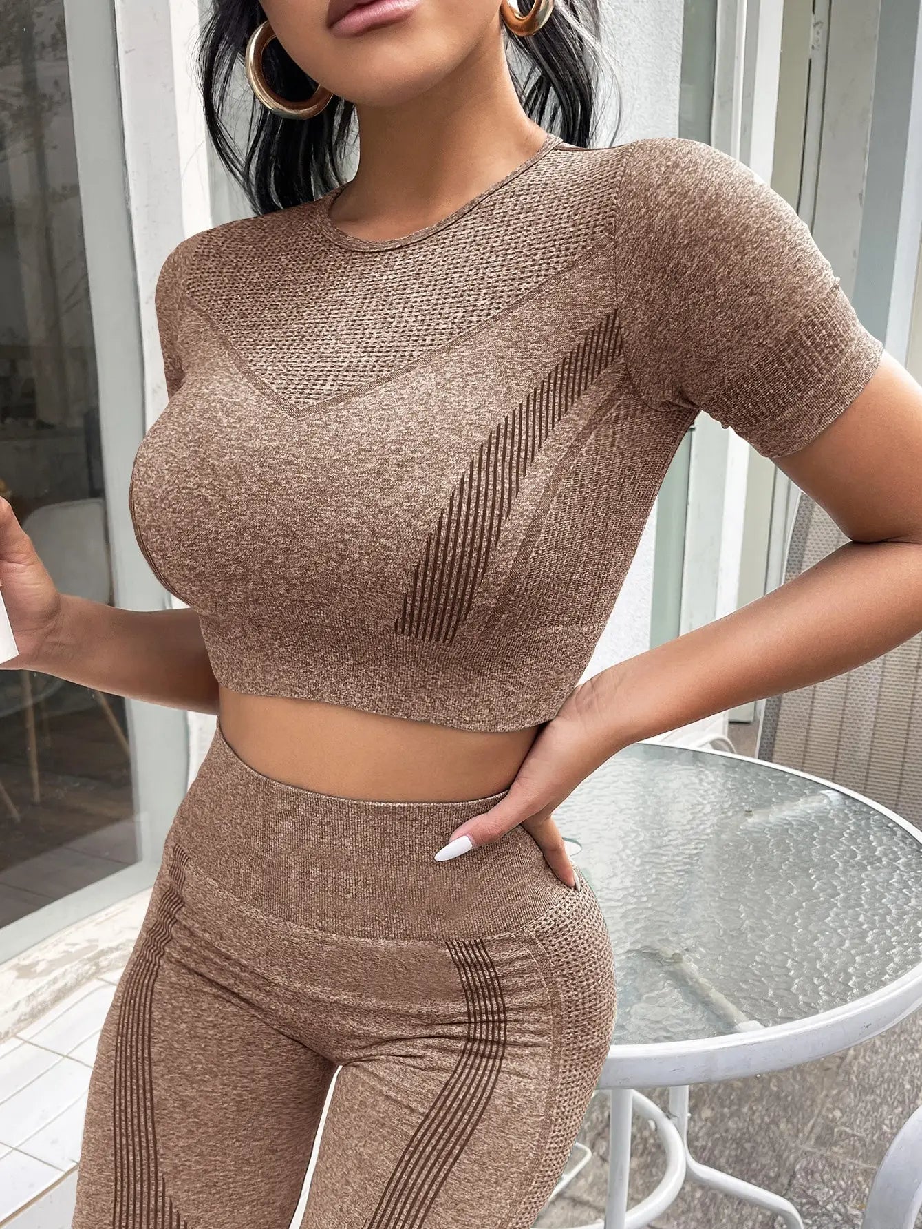2-Piece Set: Short Sleeve Top and High-Waisted Tummy Control Long Pants Sportswear