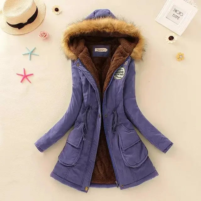 Women's Cotton Padded Hooded Parka Jacket with Embroidery - Various Colors