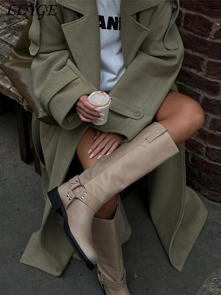 Women's Wool Overcoat with Belt - Elegant Street Style Lapel Design, Full Sleeve Long Coat