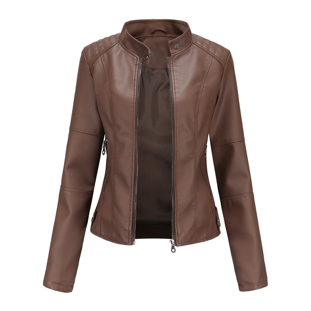 Women’s Stand Collar Faux Leather Jacket - Various Colors