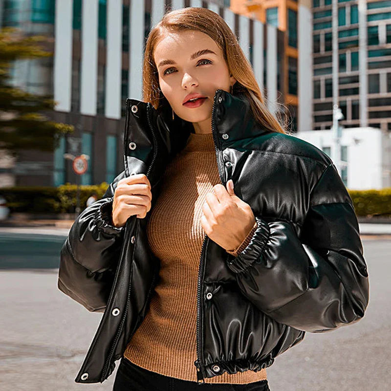 Women's Short PU Leather Parka - Cotton Padded Down Jacket
