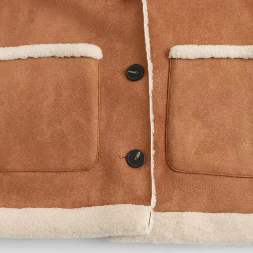 Women's Shearling Coat - Suede Finish - Notched Lapel - Button Front - Patch Pockets