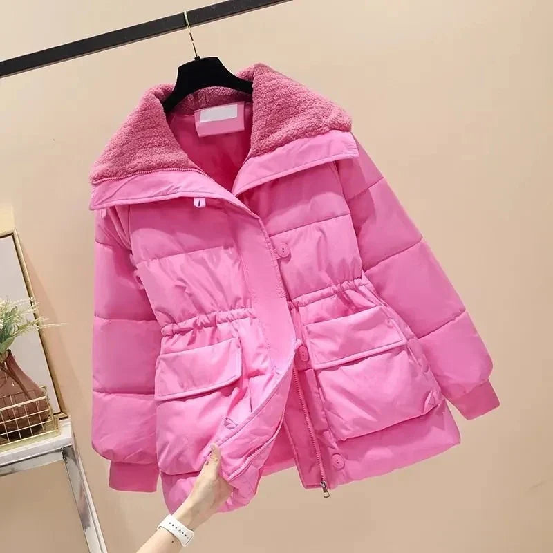 Women's Padded Parka Jacket - High Collar - Quilted Insulation - Button-Up - Adjustable Waist