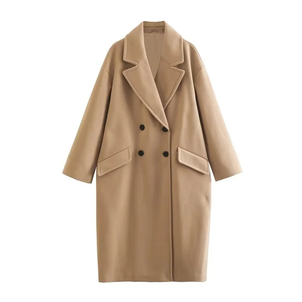 Women's Long Woollen Coat with Flip Collar and Button Closure