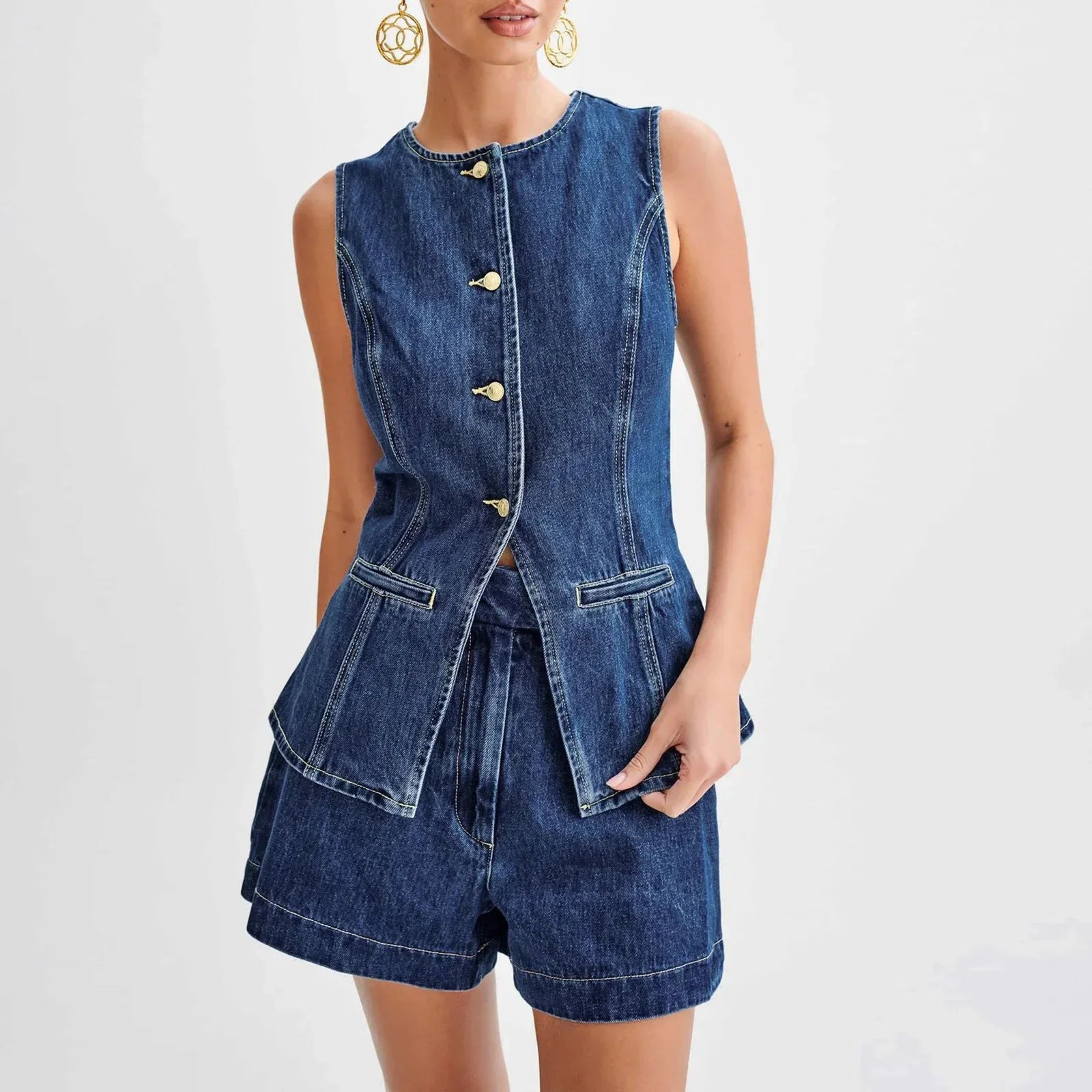 Women’s Y2K Retro Denim Long Vest with Pockets and Shorts
