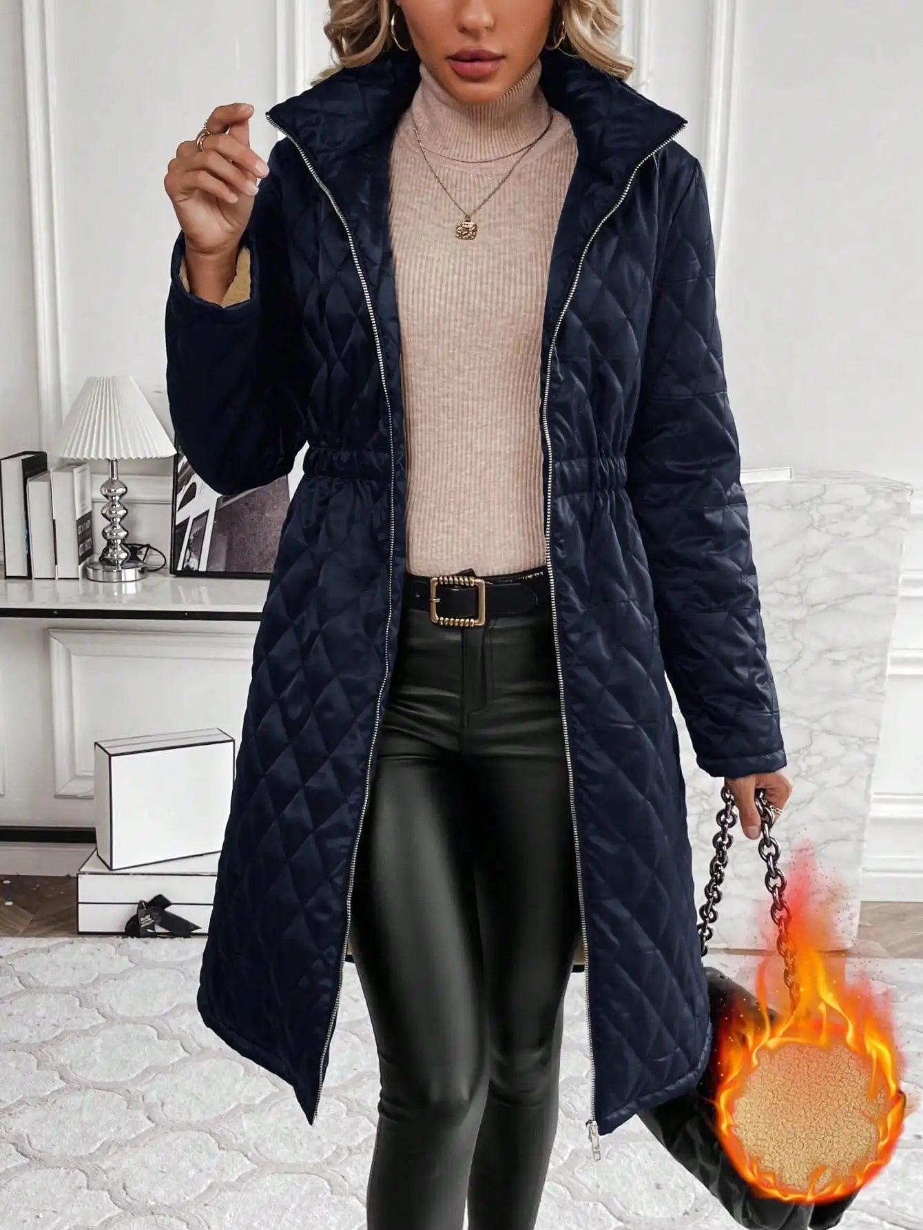 Women's Long Quilted Coat - Hooded - Warm Fleece Lining - Full Zip Closure
