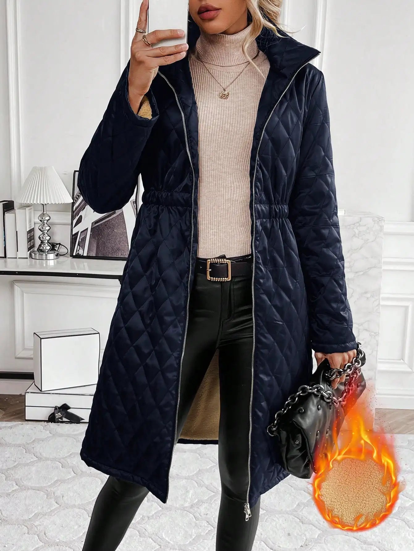Women's Long Quilted Coat - Hooded - Warm Fleece Lining - Full Zip Closure