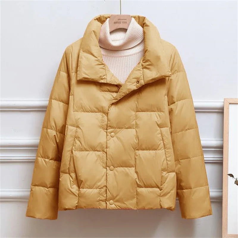 Women's Puffer Jacket - Quilted Insulation - Wide Collar - Snap Button Closure