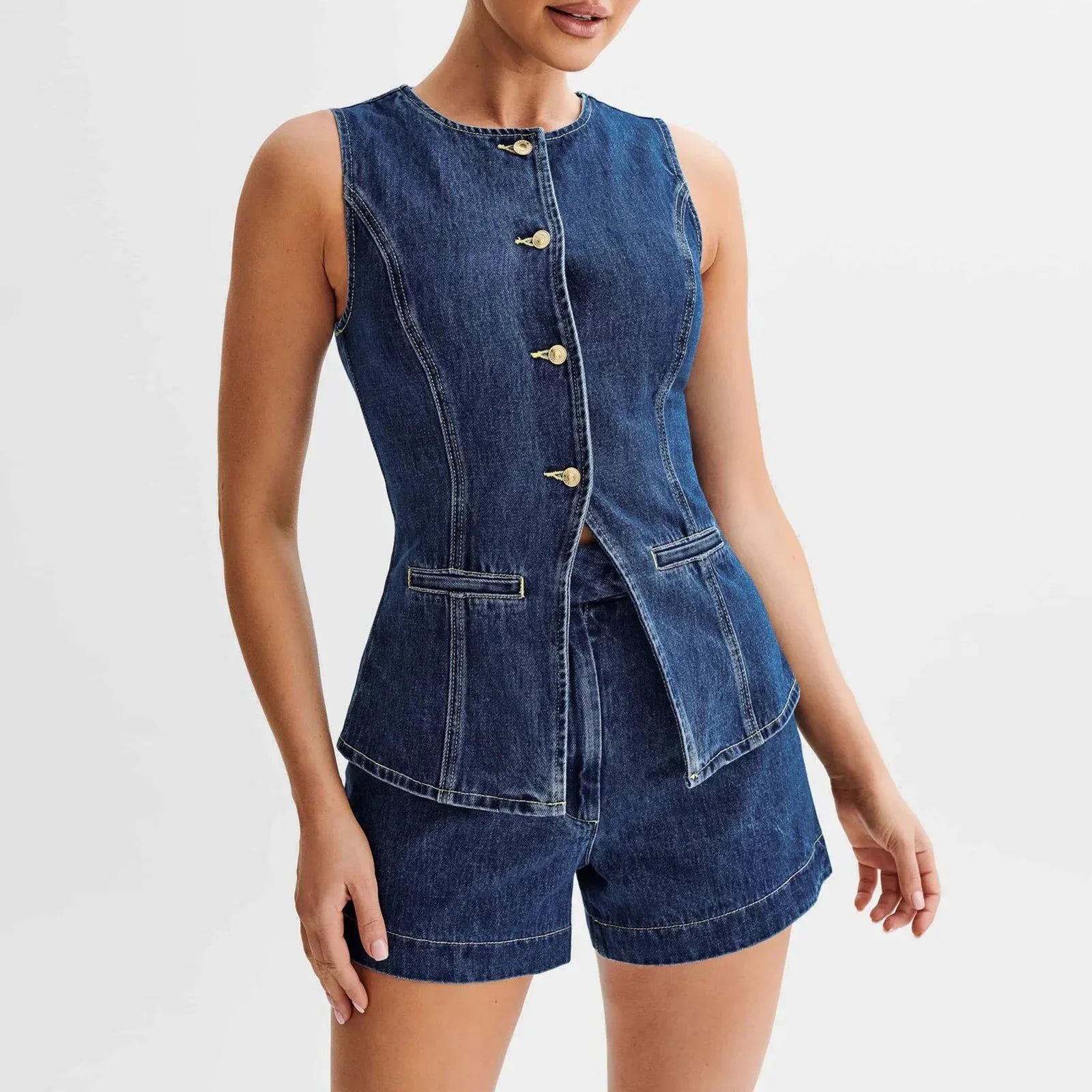 Women’s Y2K Retro Denim Long Vest with Pockets and Shorts