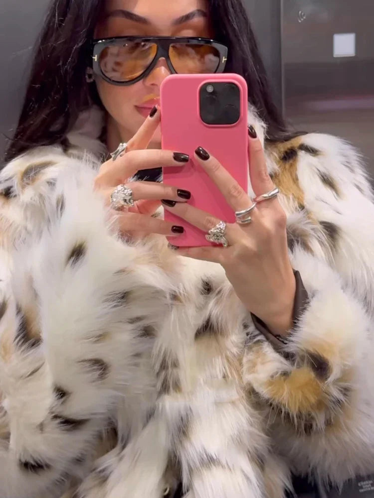 Women's Faux Fur Jacket - Animal Print - High Collar - Cropped Length - Relaxed Fit