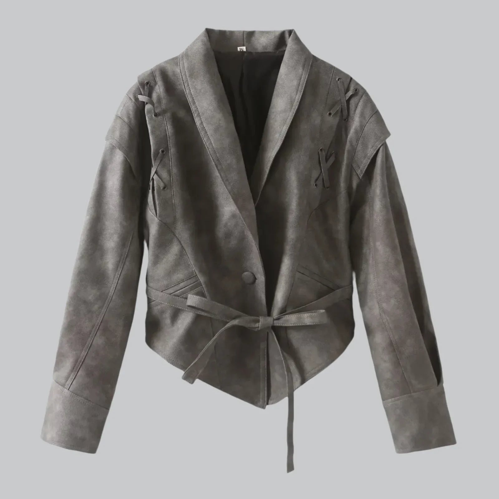Women's Leather Jacket - Tailored Fit - Wrap Front with Tie Belt - Padded Shoulders