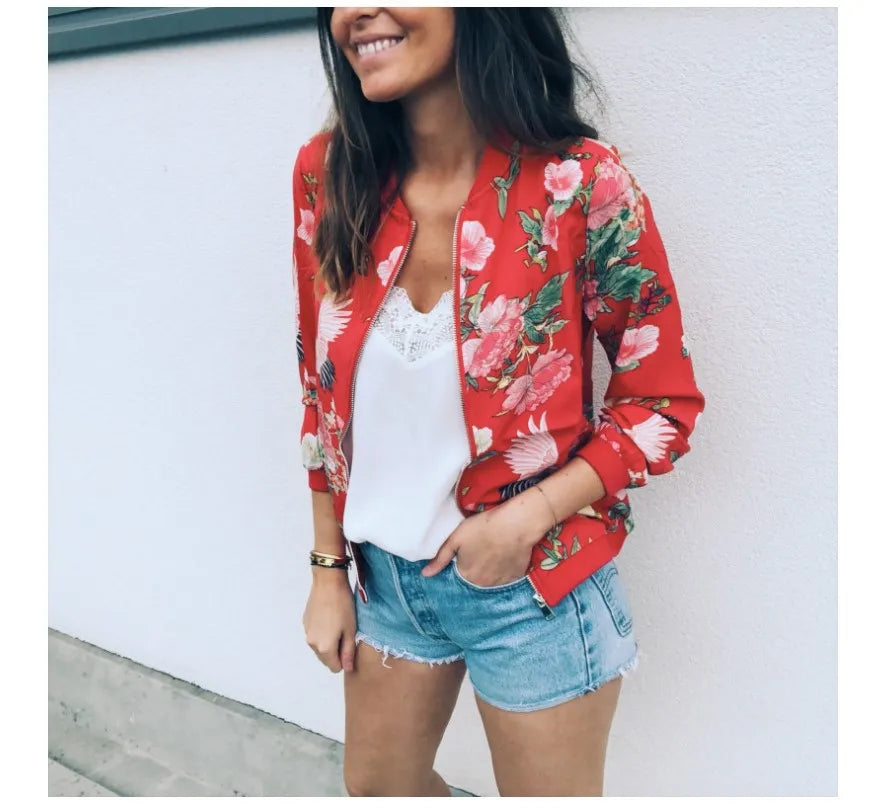 Women's Slim Floral Printed Zipper Jacket - Various Designs