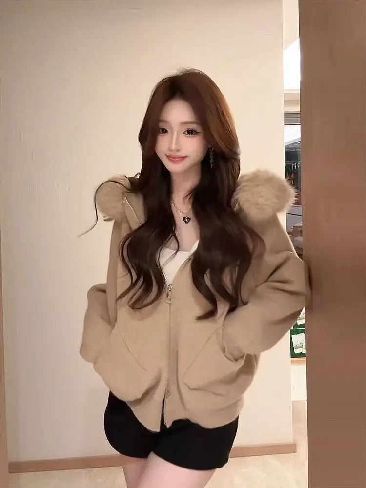 Women's Long-Sleeve Hoodie Jacket with Detachable Fur Collar - Stylish and Versatile Outerwear