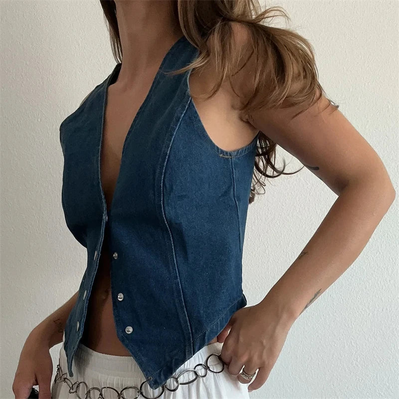 Sleeveless Denim Jacket with V-Neck for Women