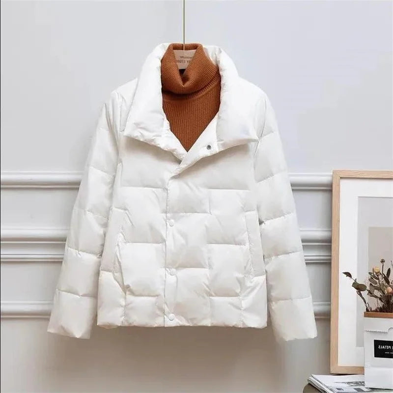 Women's Puffer Jacket - Quilted Insulation - Wide Collar - Snap Button Closure
