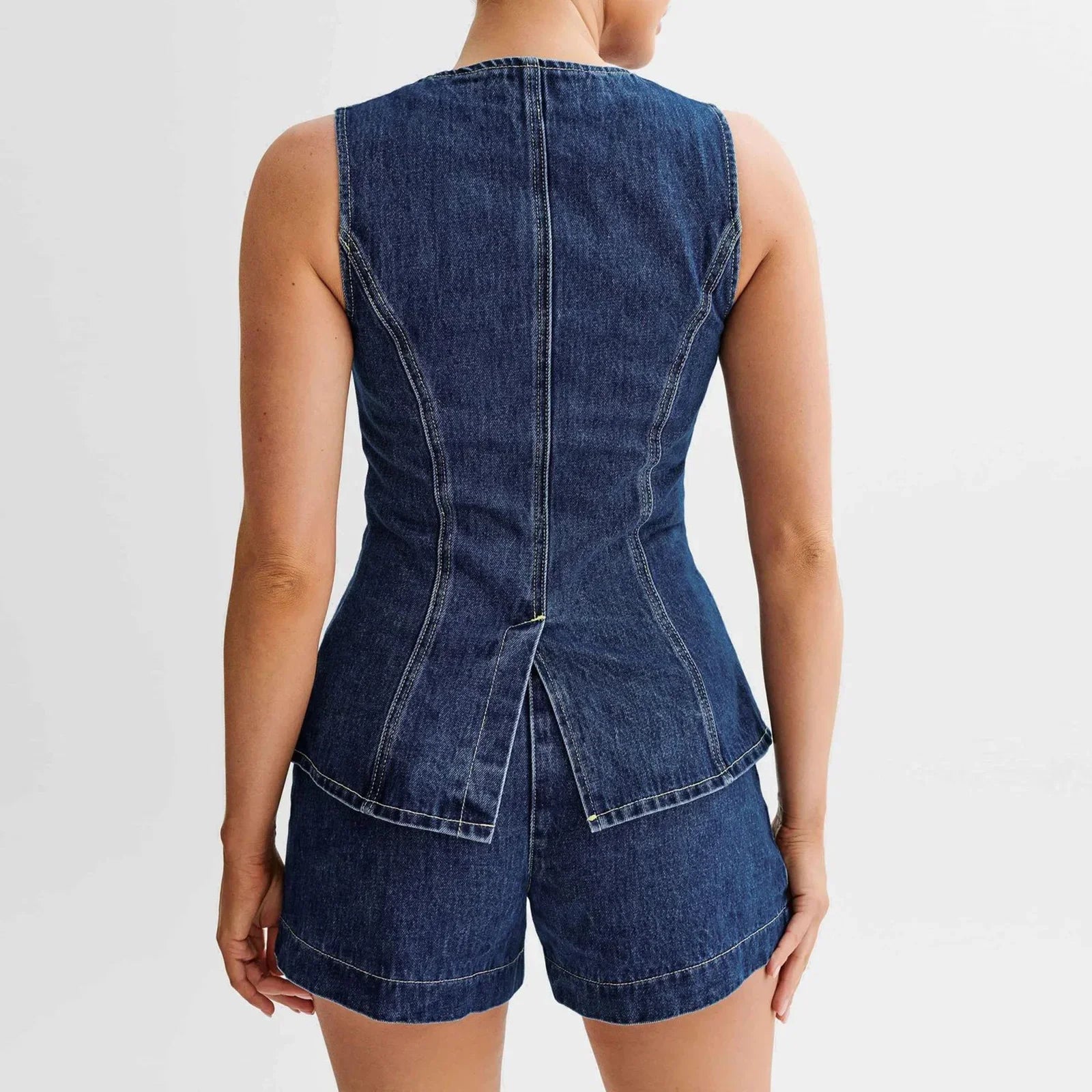 Women’s Y2K Retro Denim Long Vest with Pockets and Shorts
