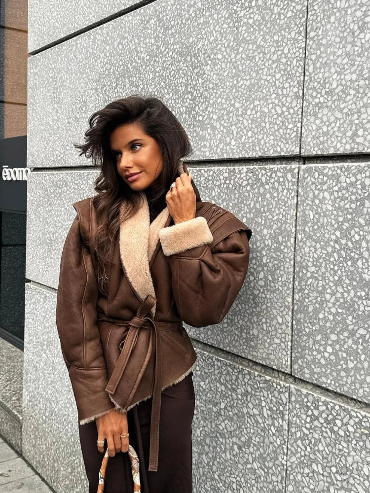 Warm furry tie leather jacket for women