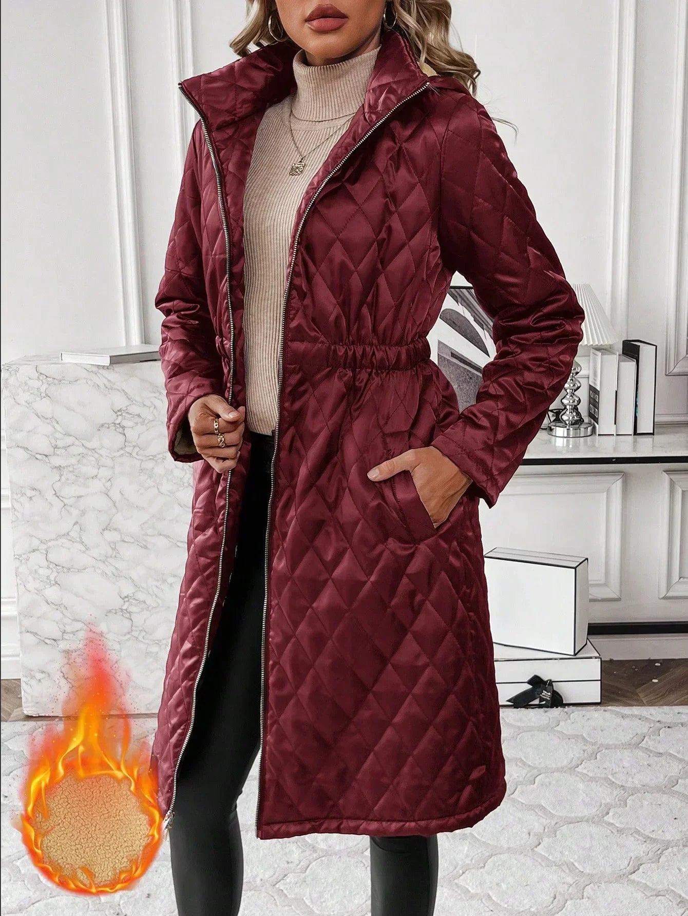 Women's Quilted Long Coat - Knee Length - Fitted Waist - Full Zip - Stand Collar