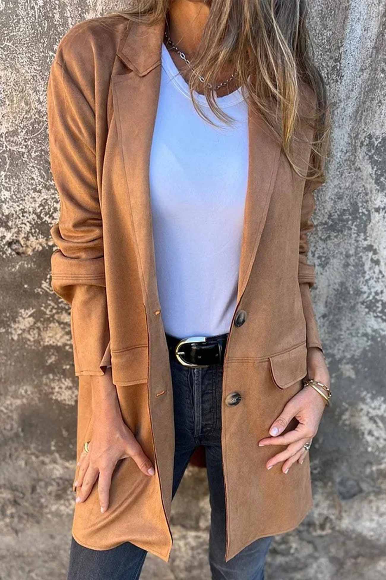 Women’s Suede Blazer - Tailored Fit - Notched Lapel - Single-Breasted Two-Button Jacket