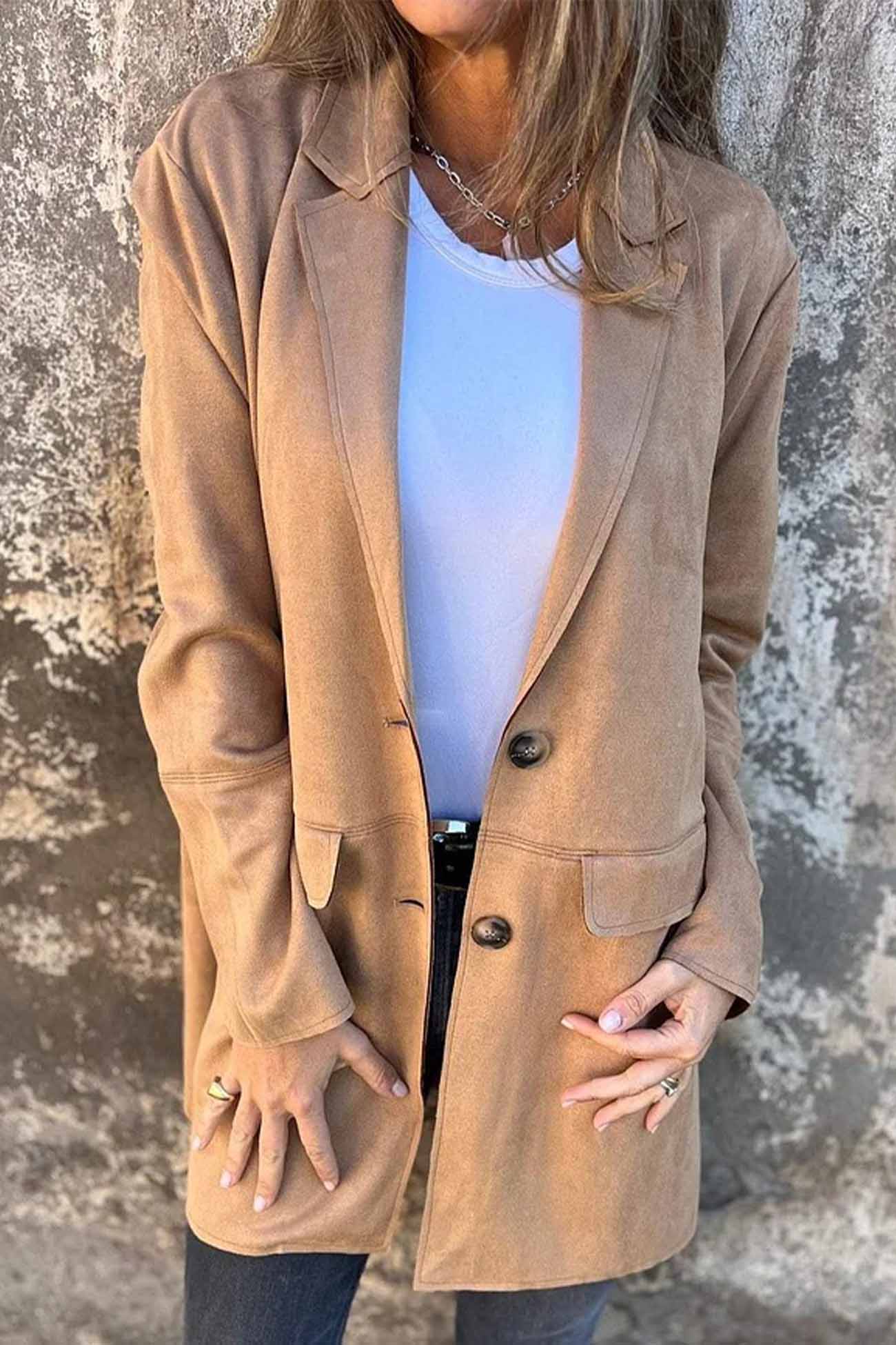 Women’s Suede Blazer - Tailored Fit - Notched Lapel - Single-Breasted Two-Button Jacket