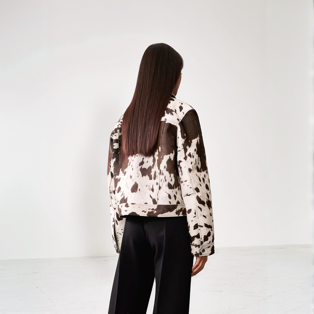 Stylish cow print single-breasted jacket for women