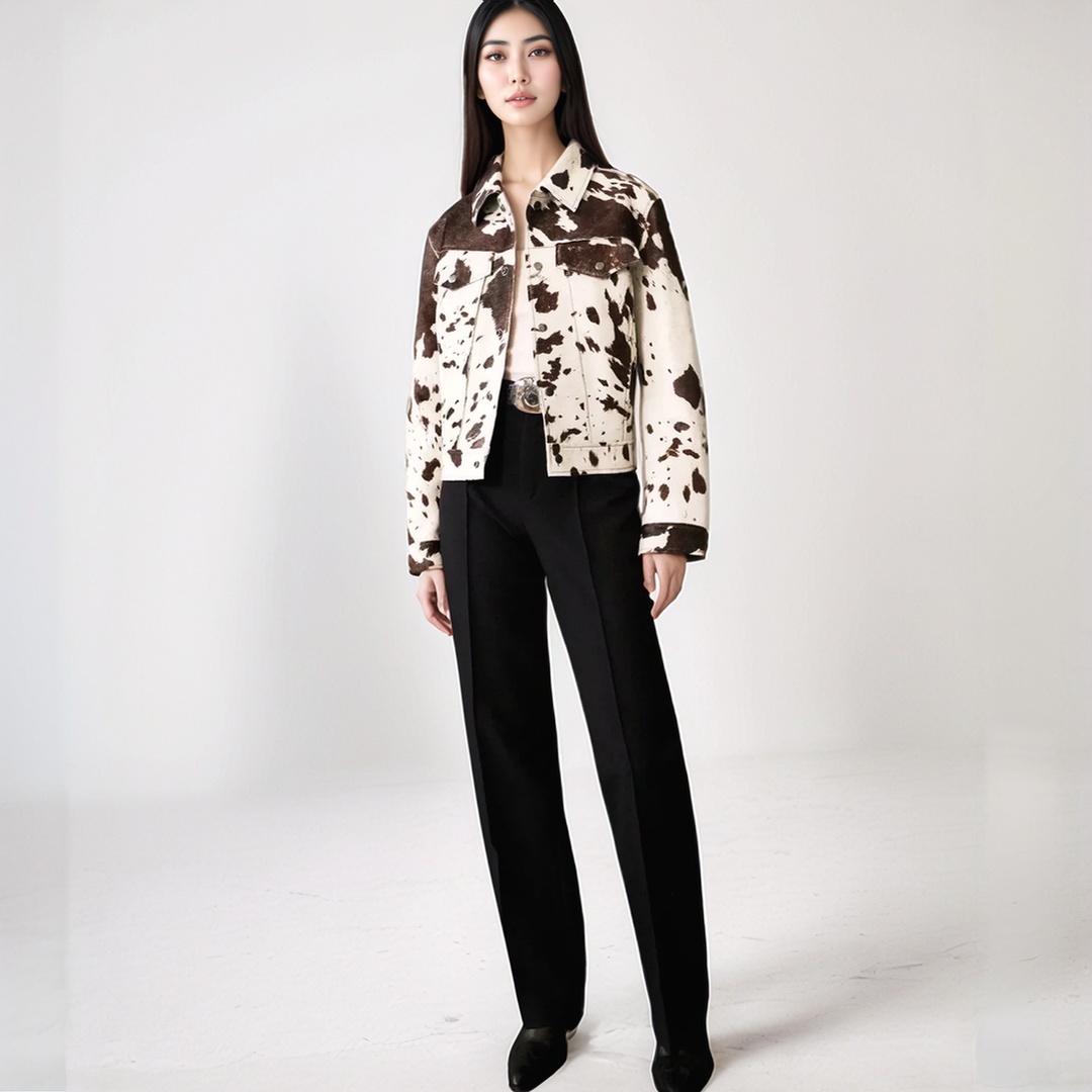 Stylish cow print single-breasted jacket for women