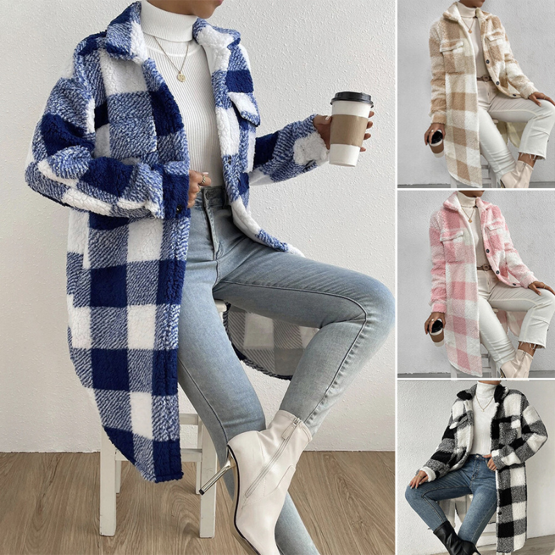 Women's Long Plaid Coat - Oversized Fit - Textured Sherpa Fabric - Notched Collar