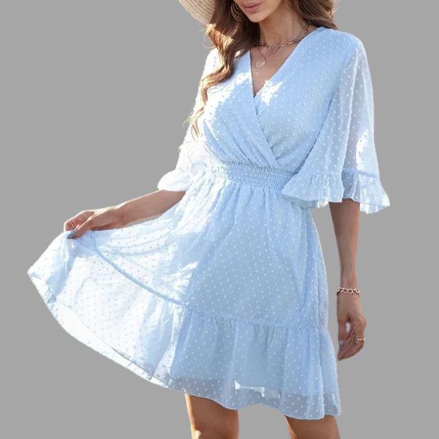 Mariella - Dotted dress with gathered waist and bell sleeves