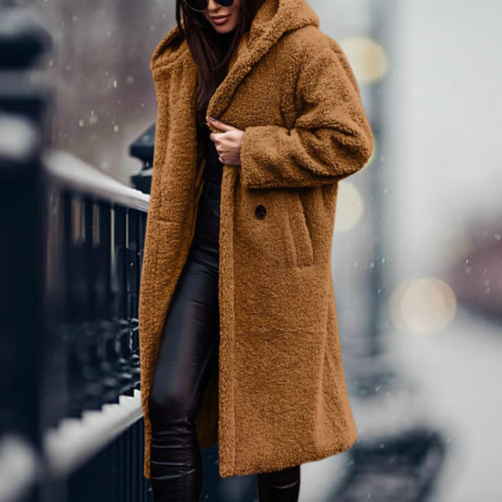 Plush longline teddy coat for women