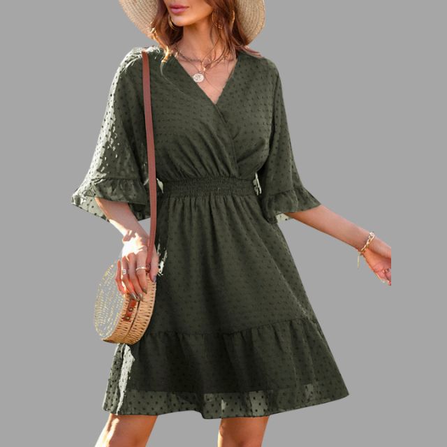 Mariella - Dotted dress with gathered waist and bell sleeves