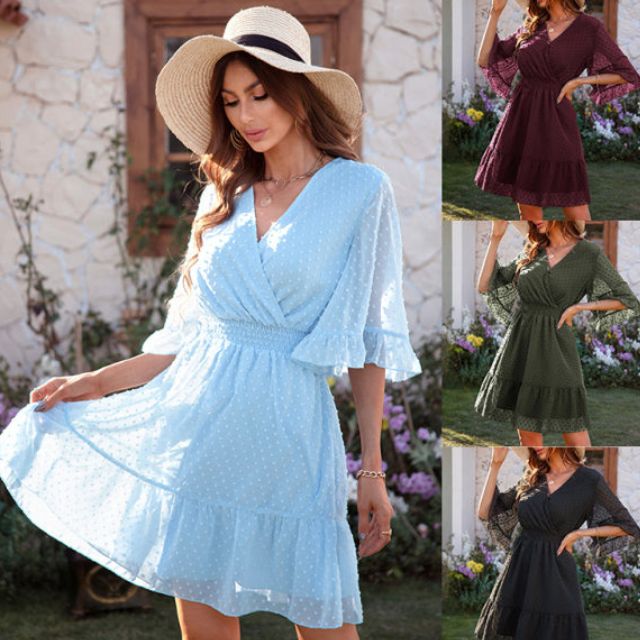 Mariella - Dotted dress with gathered waist and bell sleeves