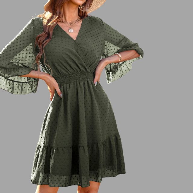 Mariella - Dotted dress with gathered waist and bell sleeves