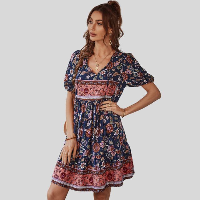 Glenda - Boho-chic floral dress with high waist