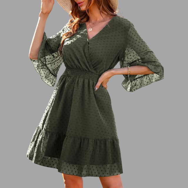 Mariella - Dotted dress with gathered waist and bell sleeves
