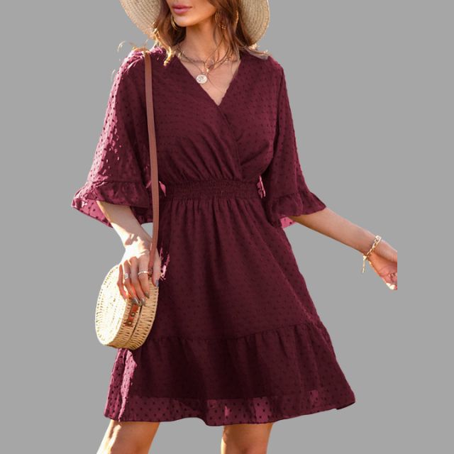 Mariella - Dotted dress with gathered waist and bell sleeves