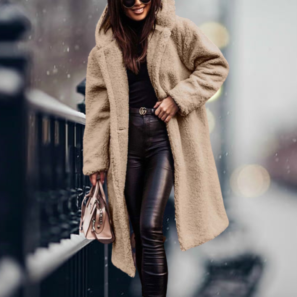 Plush longline teddy coat for women